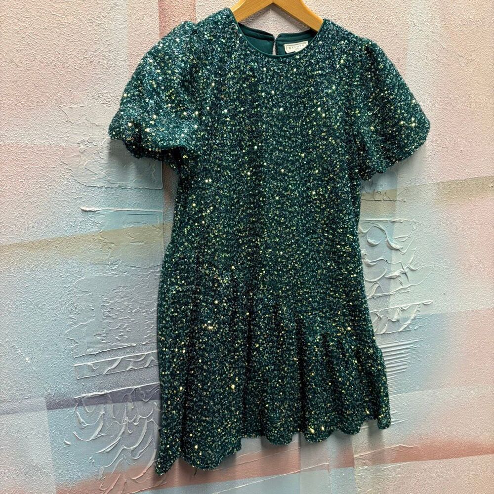 Hayden Girls L Green Sequin Puff Sleeve Dress Christmas Holiday Glam Preppy Chic
